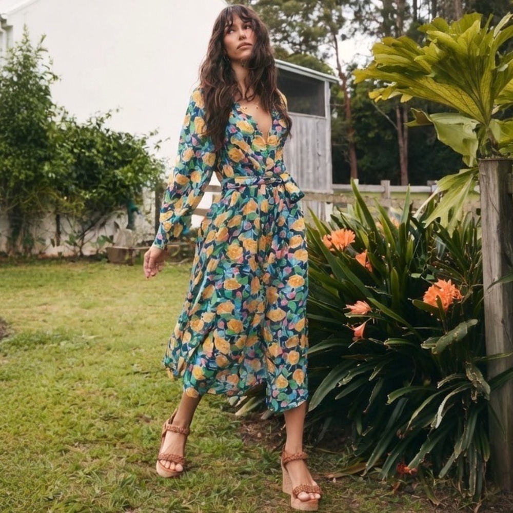 Spell Islamorada Midi Dress Petunia Floral Blue Yellow Large Bohemian Romantic